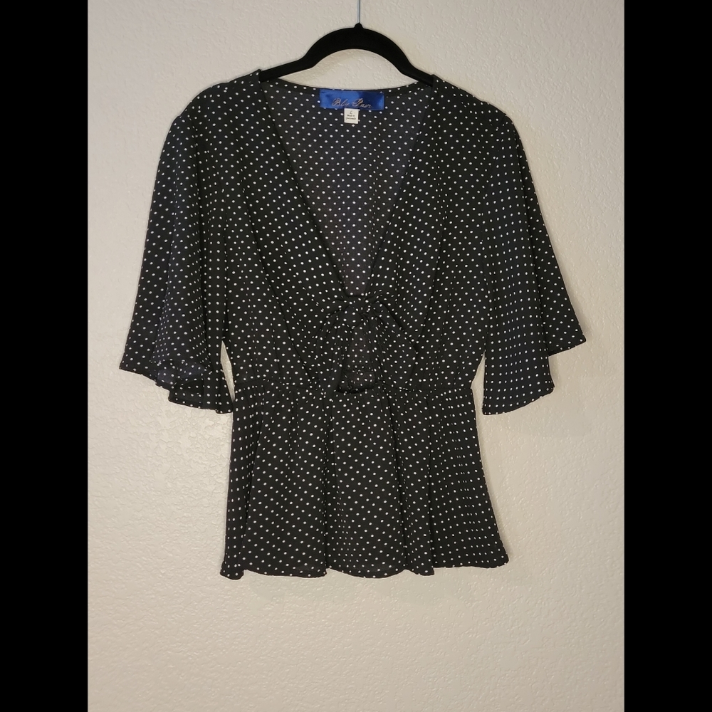 Francesca's Blue Rain Black Polka Dot Blouse